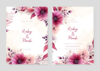 Pink and purple violet poppy luxury wedding invitation with golden line art flower and botanical leaves, shapes, watercolor