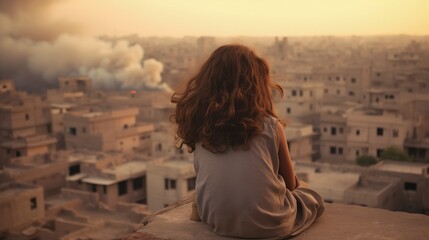 Fototapeta na wymiar Young middle eastern girl looking on in silent shock at the devastation and suffering military conflict brings. Fictional city in ruin and buildings destroyed from missile strikes with rising smoke.