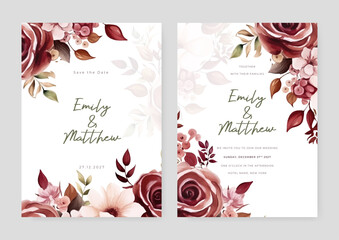 Pink and red rose and peony elegant wedding invitation card template with watercolor floral and leaves