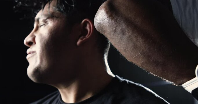 Dramatic Close-Up Boxer's Face Takes Knee Strike at 800 fps High-Speed Capture