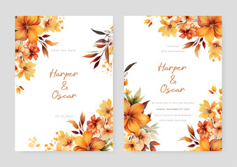 Fototapeta premium Yellow and orange frangipani modern wedding invitation template with floral and flower