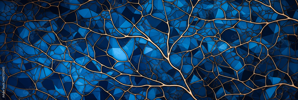 Wall mural digital blue, gold fractal abstract surface background. technological process neural networks backdr
