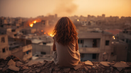 Young middle eastern girl looking on in silent shock at the devastation and suffering military conflict brings. Fictional city in ruin and buildings destroyed from missile strikes with rising smoke.