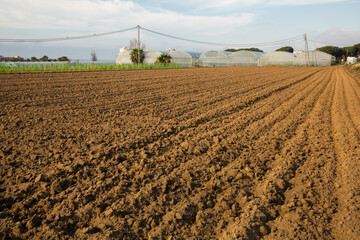 Closeup of ploughed farm field prepared for planting crops in spring on background with hothouses