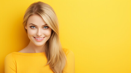  portrait of a happy young woman on a yellow background - obrazy, fototapety, plakaty