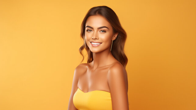 portrait of a happy young woman on a yellow background	