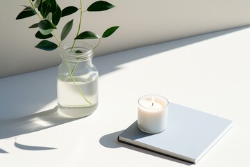 Minimalistic home office setup with a notebook, eucalyptus, candle, and plant shadow on a white background. Generative AI