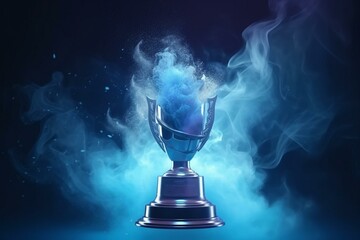 Futuristic e-sport trophy engulfed in smoke on dark blue background. Generative AI - obrazy, fototapety, plakaty