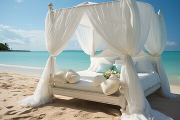 White Caribbean beach for a romantic honeymoon with a festive marriage bed. Generative AI