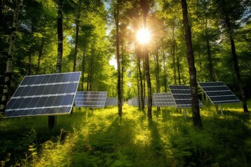 Solar panels among trees, portraying a sustainable future. Generative AI