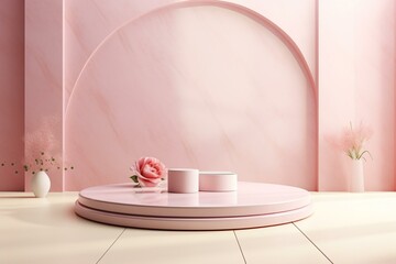 Elegant podium for showcasing cosmetic products, with pastel feminine background. Generative AI