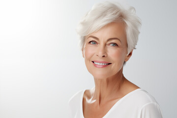 Happy elegant mature woman on white background