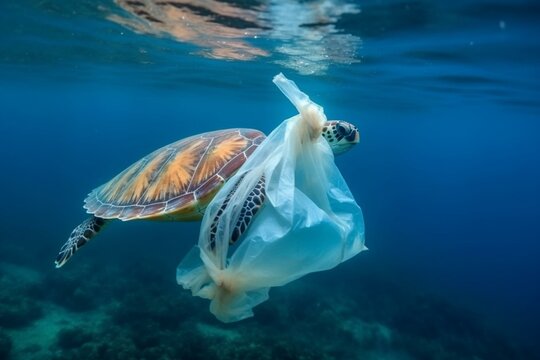A turtle swims amidst plastic bag pollution in the ocean. Environmental preservation, sustainable progress, and recycling concept. Generative AI