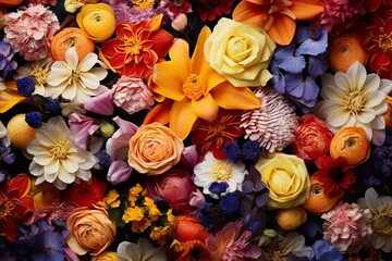 Close-up view of a diverse assortment of flowers. Generative AI