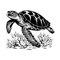 Fototapeta premium sea turtle with coral reefs and seaweeds vector,Black and white hand-drawn graphics translated into vector illustration, ai generated.