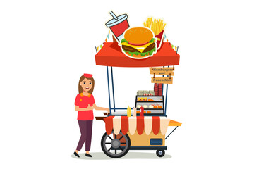 Hamburger and French Fries Food Stand Vendor Vector Illustration