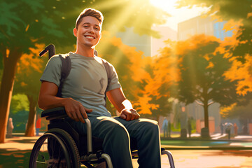 Person with a disability in a wheelchair. Happy person in a wheelchair. Person without limitations in their life