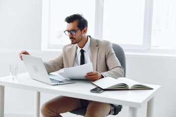 Obraz premium Holding office document businessman paper planning suit laptop white happy company
