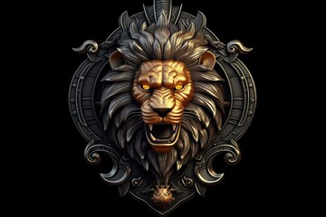 A lion's head in a shield with gold accents on a black background. Generative AI