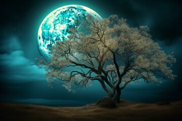 Enchanted tree with ethereal moon. Generative AI