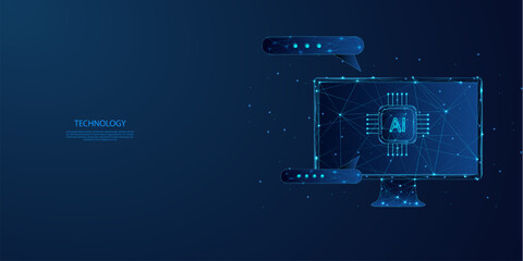 Abstract computer with artificial intelligence system on computer and speech bar on dark blue background. Low poly wireframe style technology background. - obrazy, fototapety, plakaty