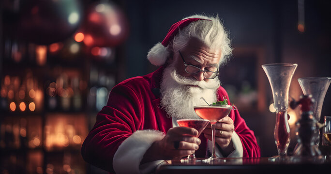 Santa Claus bartender, New Year cocktail, Christmas bar alcohol, Old funny Claus, christmas party celebration, winter evening, nightlife bar life