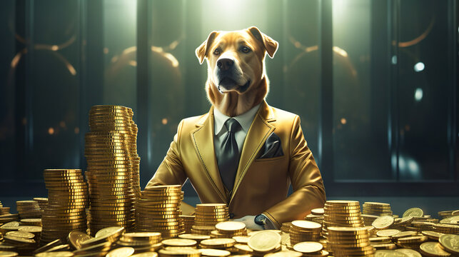 大量の金貨とスーツ姿の犬