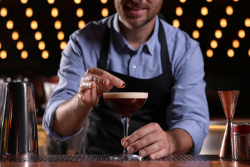 Bartender preparing Espresso Martini in bar, closeup. Alcohol cocktail