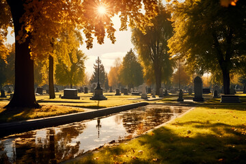Old cemetery in sunny weather. Spring cemetery with graves. Autumn cemetery