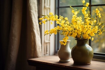 A vase with yellow flowers on a table near a window. Generative AI