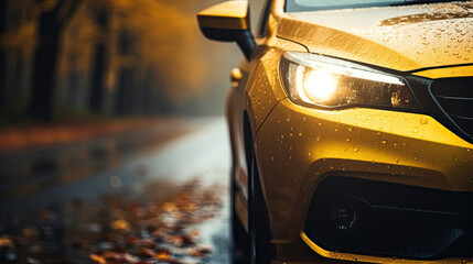 car luminous fog lamp close-up, autumn wet road in the weather rain and fog, leaf fall in yellow tones