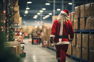 Naklejka premium santa gift box, christmas parcels, Warehouse Worker Santa, distribution warehouse, Shipping center postal, parcel logistics shipping, preparing working warehouse, Cardboard boxes, Online shopping