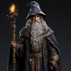 Concept of Wizard Merlin holding a magic scepter, fantasy