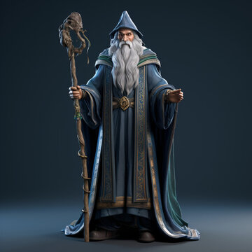 Concept of Wizard Merlin holding a magic scepter, fantasy