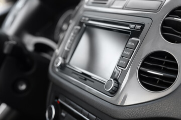 Closeup view of dashboard with vehicle audio in car - obrazy, fototapety, plakaty