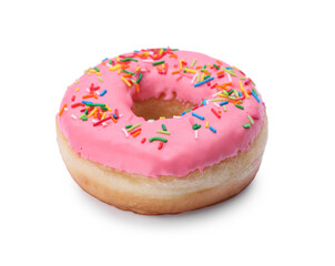 Glazed donut decorated with sprinkles isolated on white. Tasty confectionery
