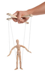 Man pulling strings of puppet on white background, closeup