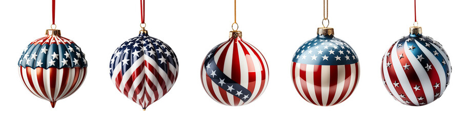 Set of Beautifully Decorative Red, White and Blue American Themed Christmas Tree Ornaments Isolated. Generative AI. Transparent PNG.