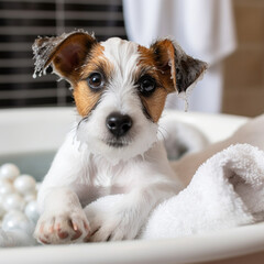 Adorable Jack Russell takes a bath in a tub and is full of foam