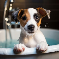 Adorable Jack Russell takes a bath in a tub and is full of foam