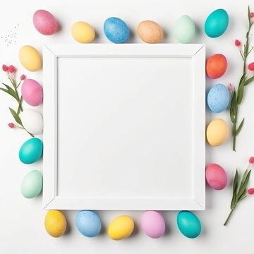 Portrait frame or blank picture with colorful easter eggs around, copy space