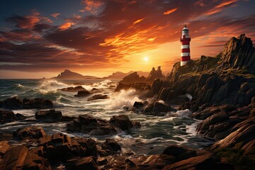 illustration of a lighthouse on a promontory at sundown, sea in background