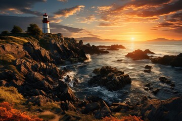 lighthouse on a promontory at sunset