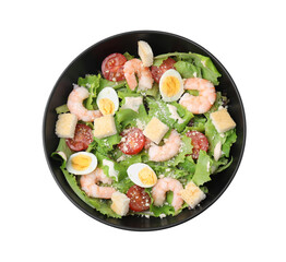 Delicious Caesar salad with shrimps isolated on white, top view