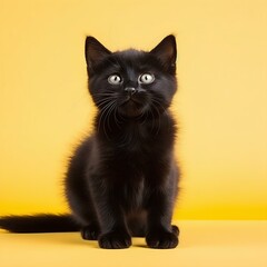 Obraz premium Small and young black cat on a yellow background