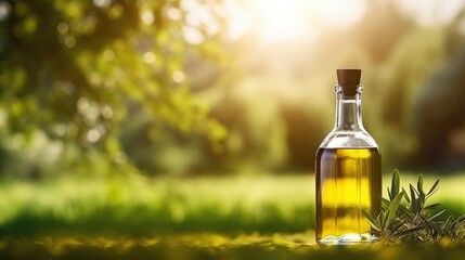 Olive oil in a glass bottle on a wooden table with olive trees under the morning sun. green olives. raw materials for olive oil. view of the garden with olive trees.