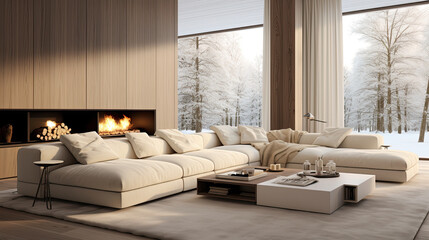 Cozy modern luxurious interior design of a living room with a white fluffy poliform sofa, tall ceiling, off-white cream colored textiles