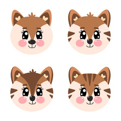 Set of cartoon kawaii cute little tiger boy, fox kid, chipmunk, fox cub. Vector cartoon illustration for baby, kids, children. Flat isolated on white background