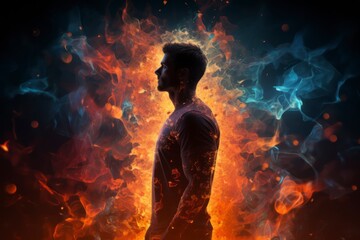 Man burning in colourful fire. - obrazy, fototapety, plakaty