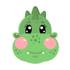 Cartoon kawaii cute dinosaur face for children isolated on white background